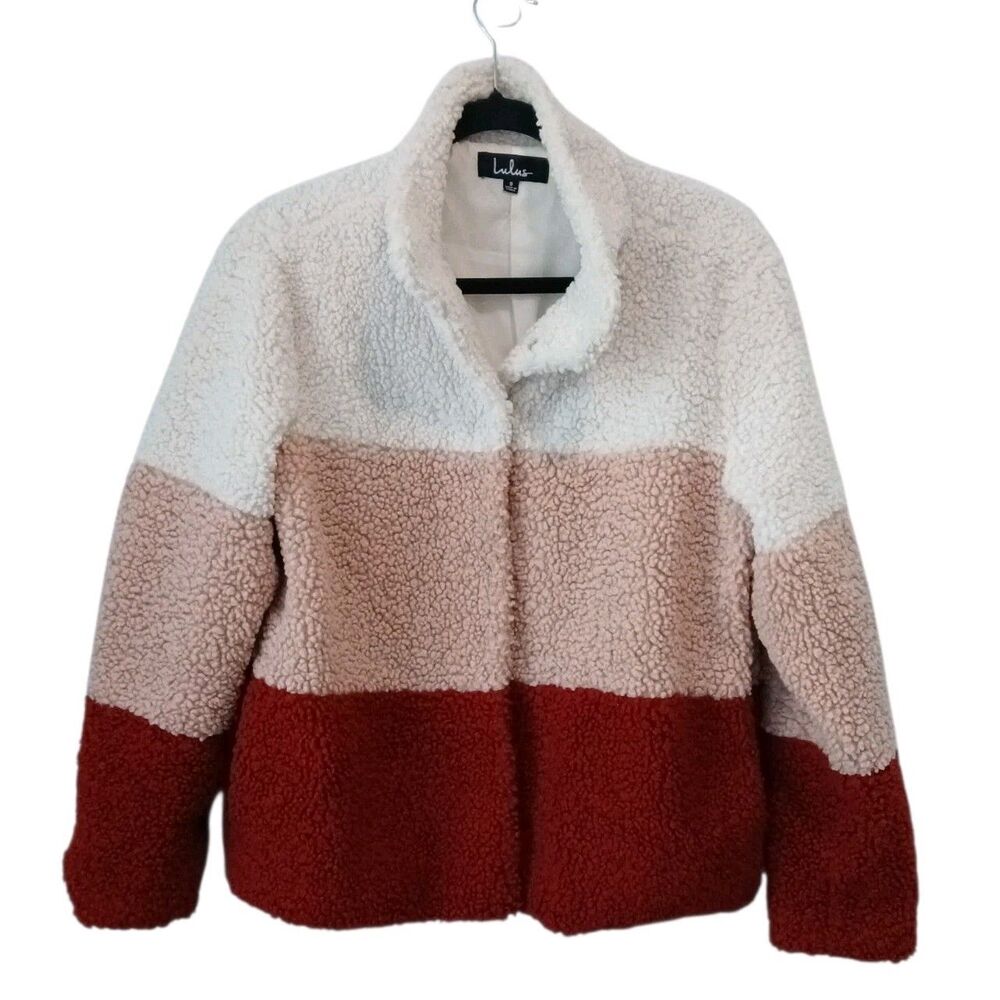 Lulus Teddy Bear Coat Jacket Small Colorblock Pink Burgundy Cream Pockets Boxy